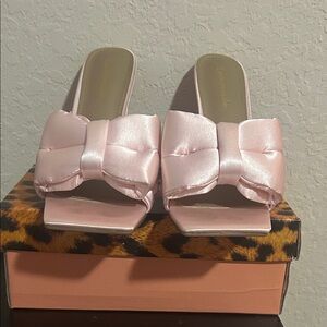Satin Bow Slide Heels in Blush Pink